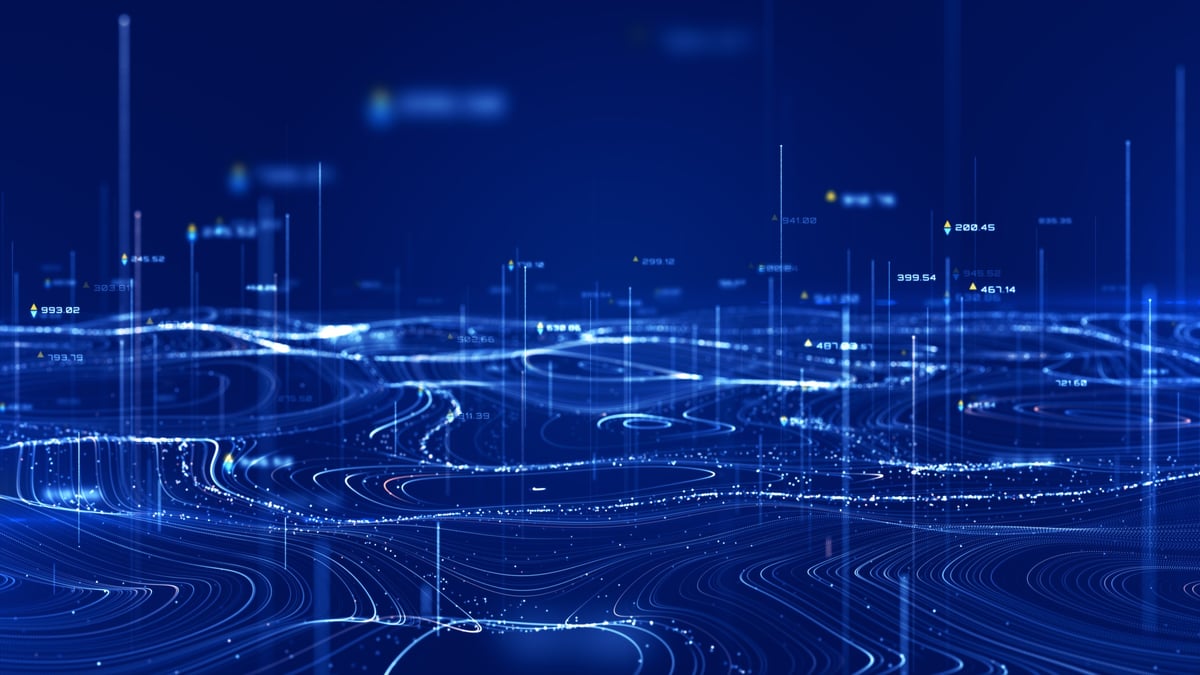 Abstract digital topographic map with data points and analytics visualization