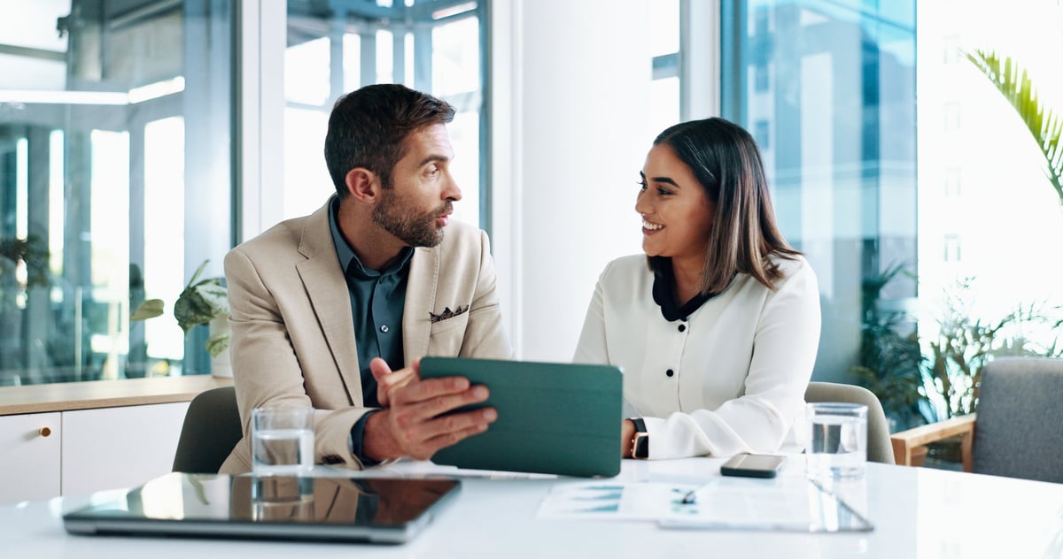 Smile, business and people on tablet in office of planning, finance document and company growth