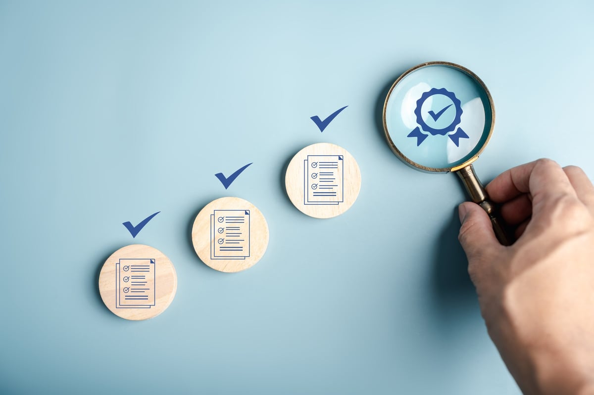 Certificate approval process with document checklist, magnifying focus quality assurance, verification system