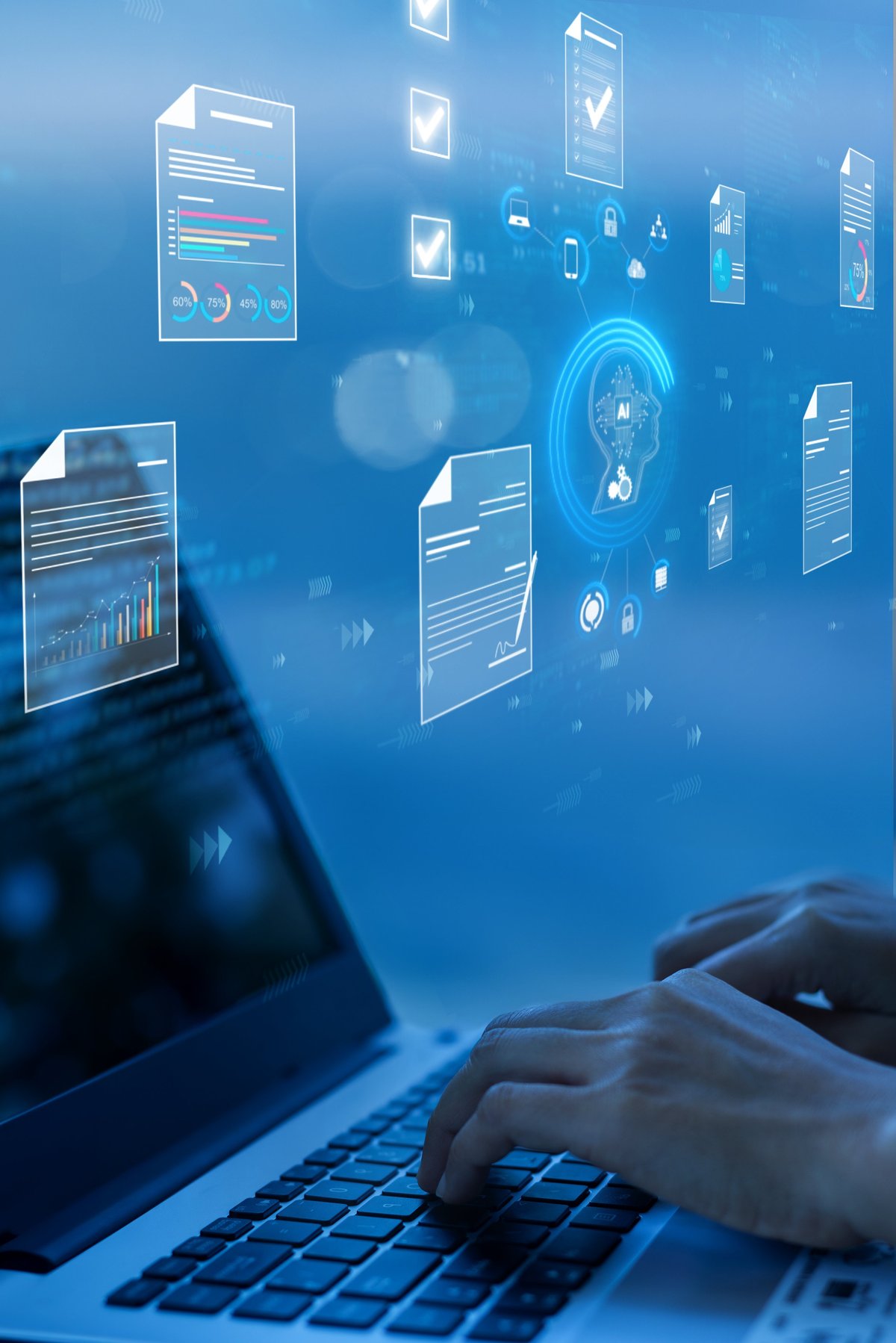 Professional woman working with document management and digital data